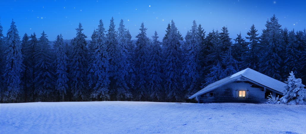 Stall auf nächtlichem verschneitem Feld, mit Wald und Sternschnuppe