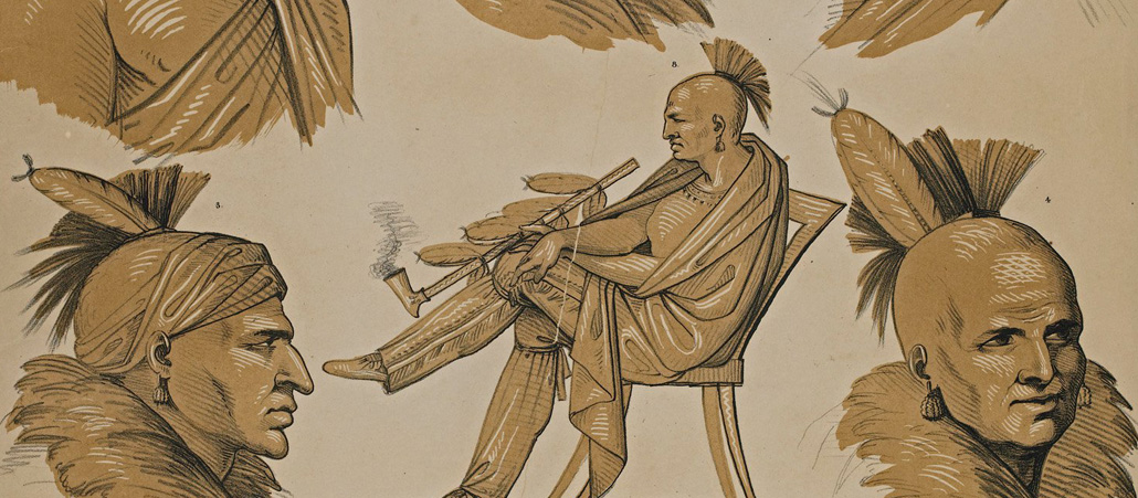 Eine Lithographie mit drei Reihen von Indianerköpfen.