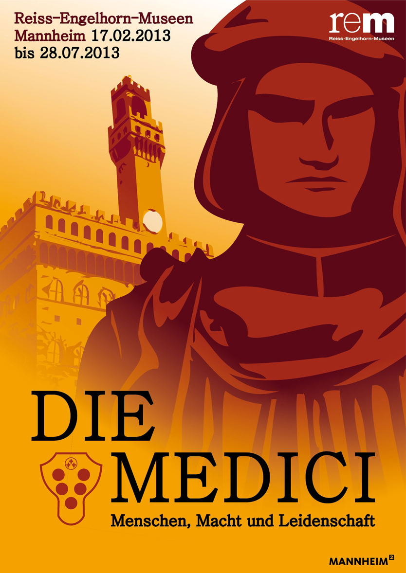 Das Konterfei eines Medici zeichnet sich vor einer stilisierten Zeichnung des Palazzo Ducale in Florenz ab.