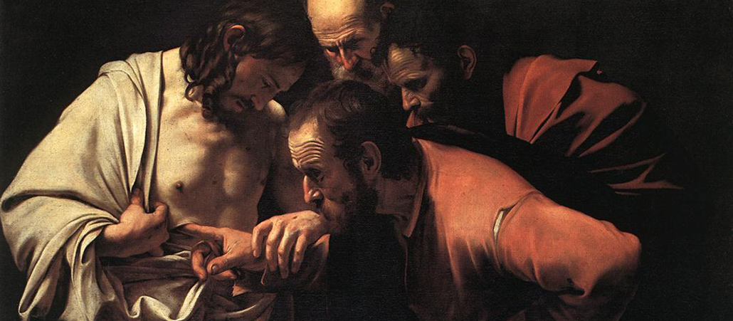 Thomas legt den Finger in die Wunden Jesu: Ausschnitt aus einem Gemälde von Michelangelo Merisi da Caravaggio (1571 - 1610).