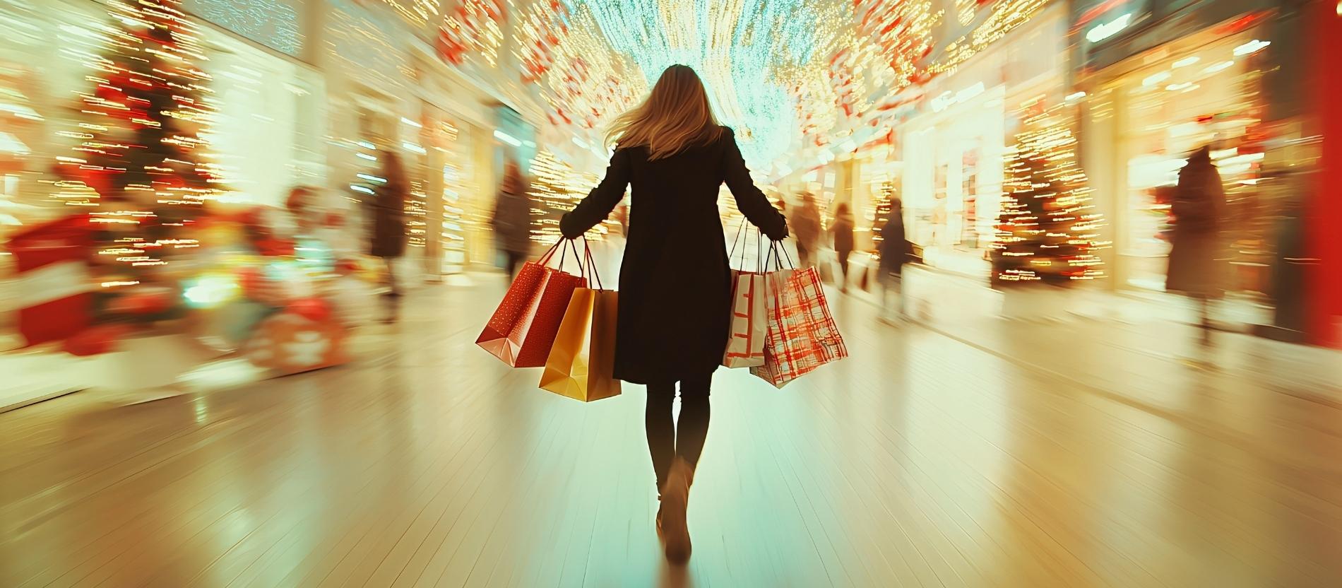 Eine Frau läuft mit mehreren Einkauftüten in den Händen durch ein Einkaufszentrum.