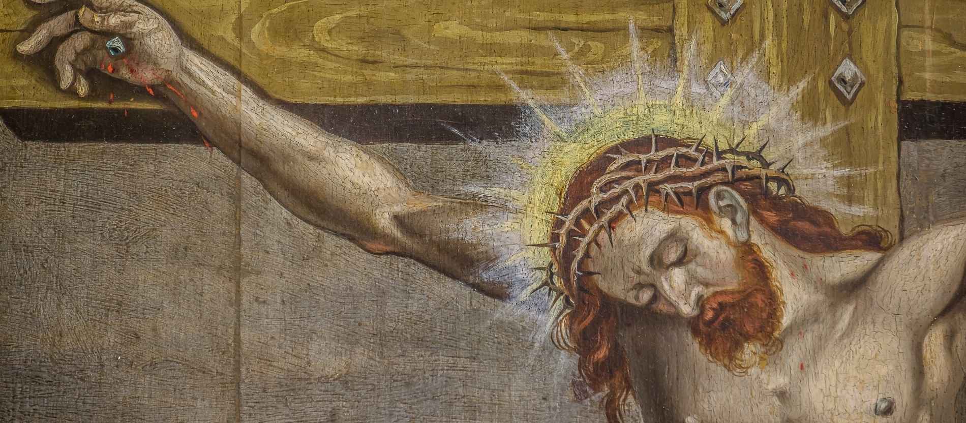 Das Bild zeigt ein Gemälde von Jesus am Kreuz mit Dornenkrone