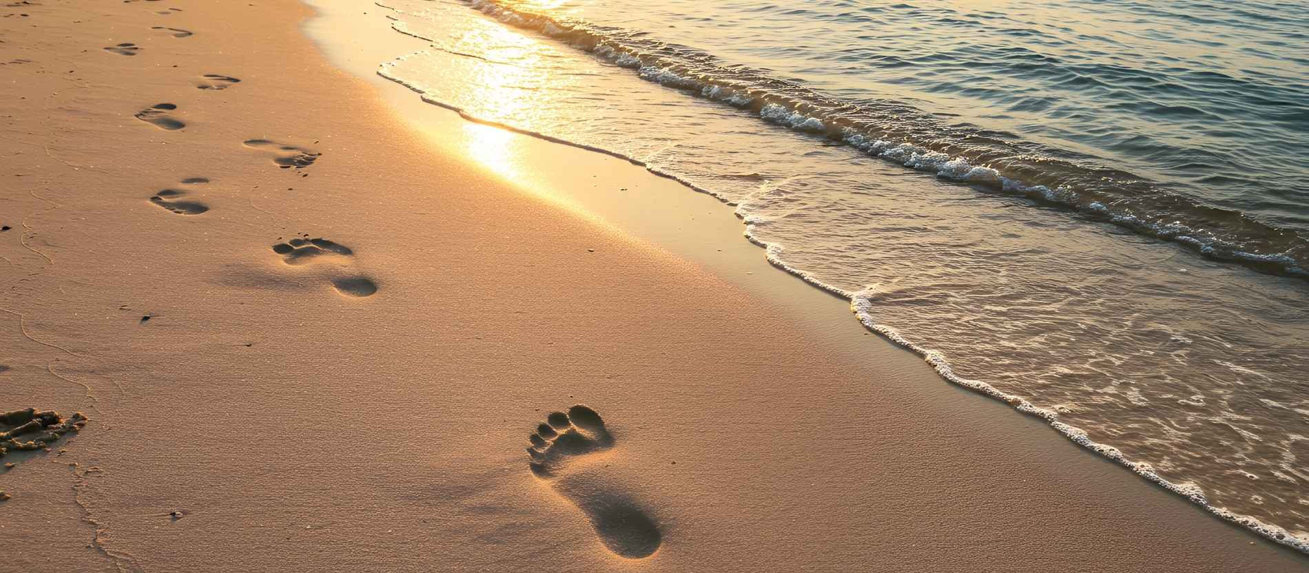 Fußspuren im Sand am Strandrand, mit Wasser und Sonnenlicht