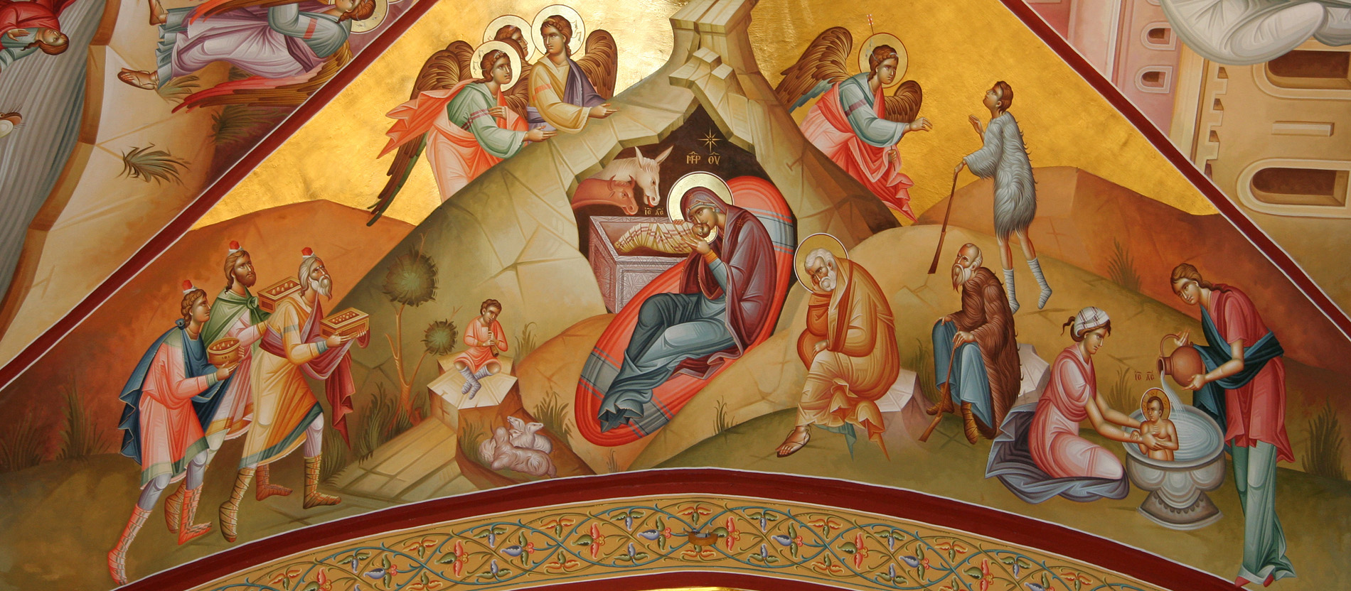 Das Fresko der Geburt Christ in der orthodoxen Klosterkirche auf dem Berg Tabor in Israel.