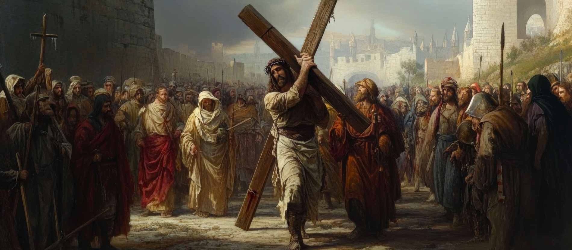 Jesus trägt das Kreuz in Menschenmenge