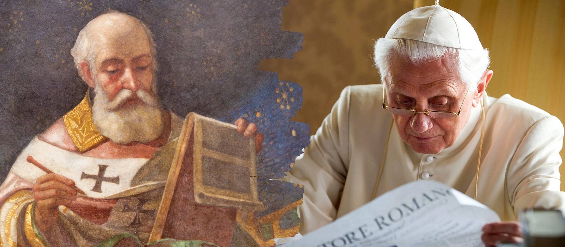 Eine Montage von einer Darstellung des heiligen Augustinus neben einem Bild von Papst Benedikt XVI.