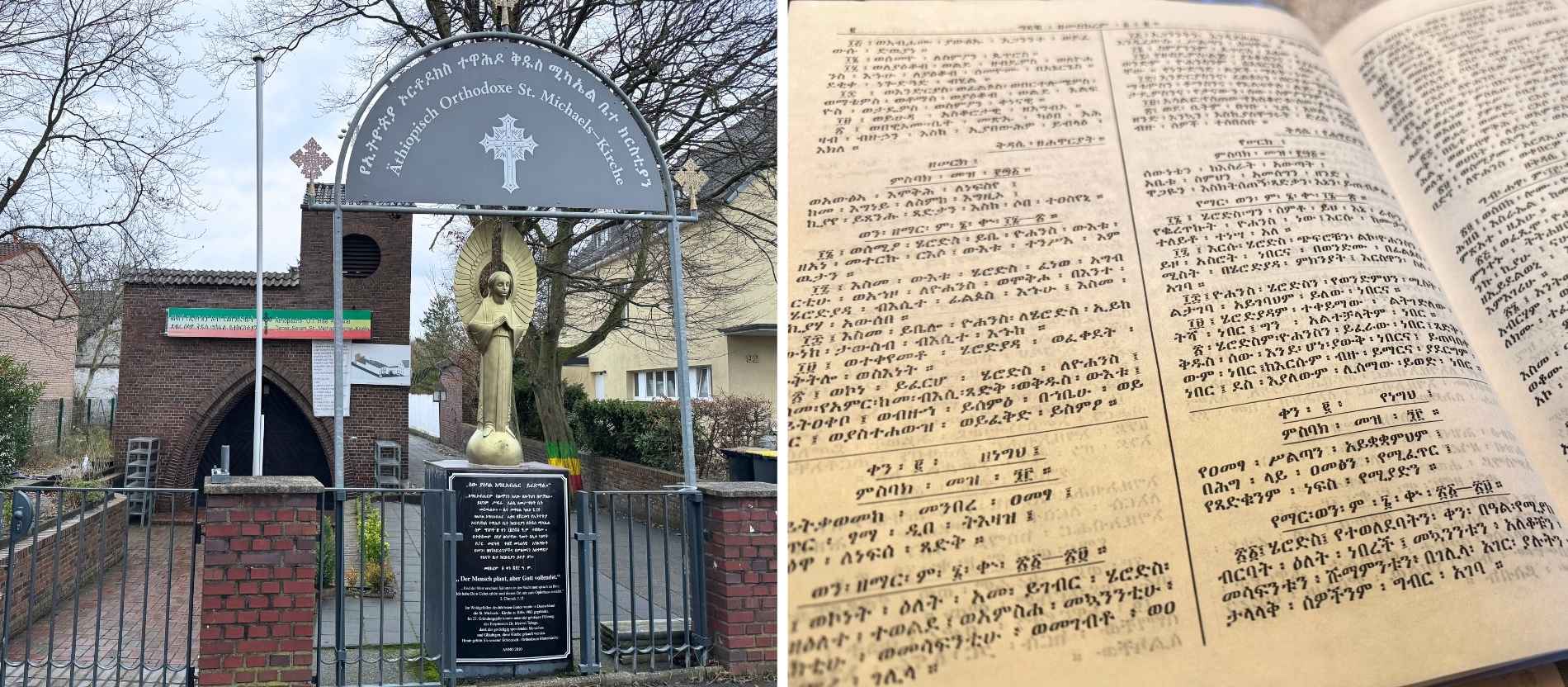 Links: Die äthiopisch-orthodoxe St. Michaels-Kirche in Köln-Longerich; rechts: Ein liturgisches Buch auf Amharisch und Ge'ez