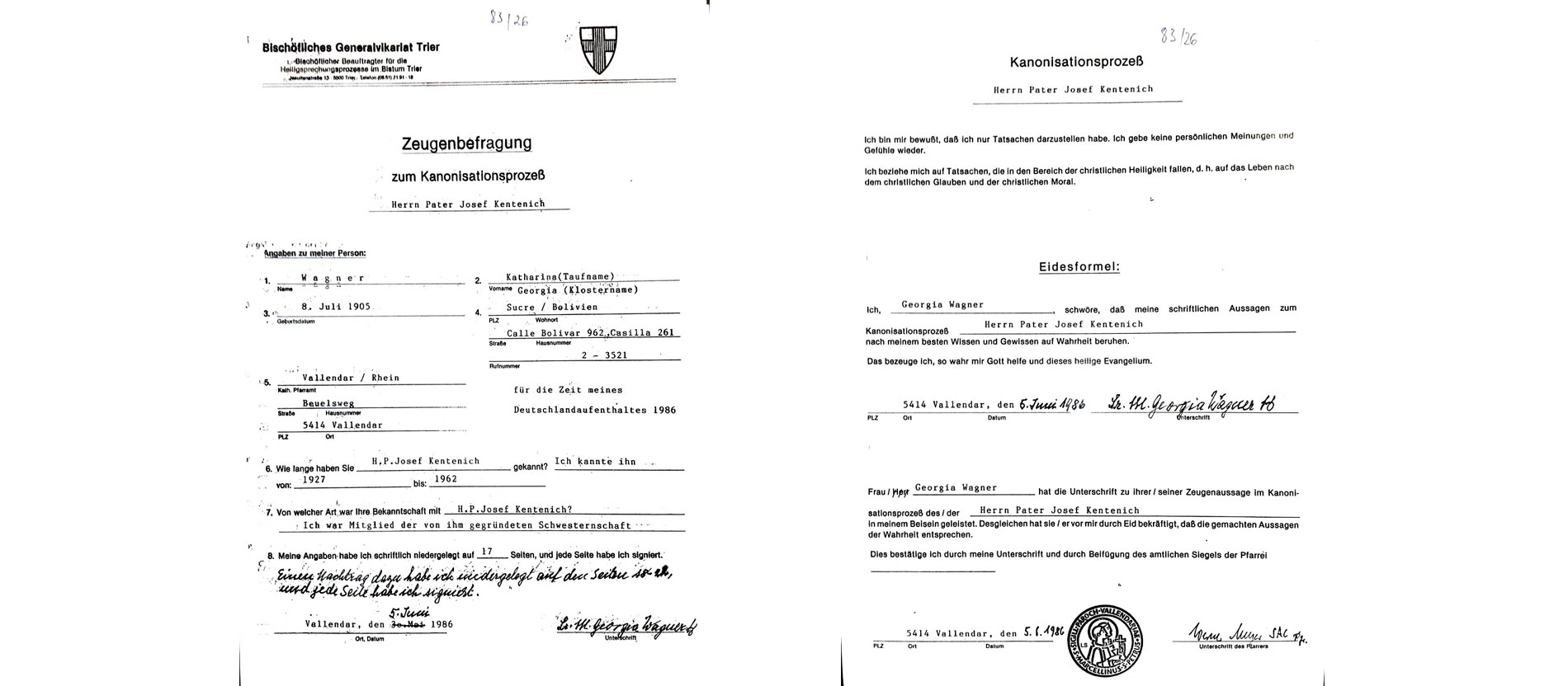 Deckblatt und Eid zur Aussage von Sr. Georgia im Seligsprechungsprozess Kentenich von 1986