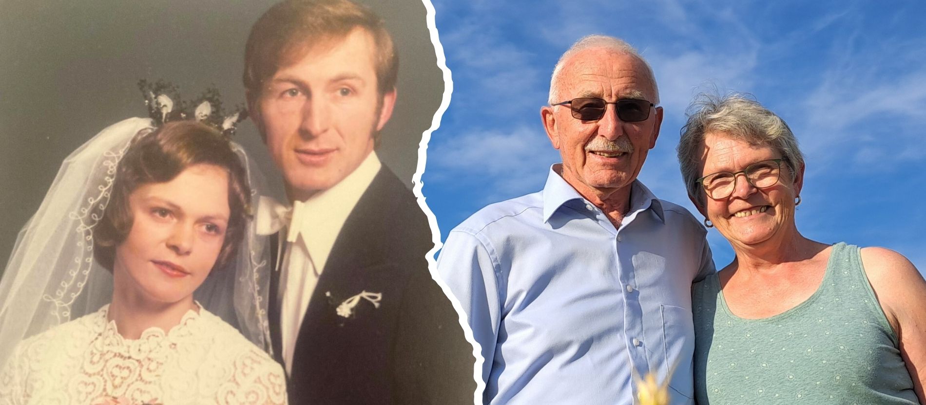 Ein Hochzeitsfoto des Ehepaars Baumgarten (l.); ein aktuelles Foto auf ihrem Hof (r.)