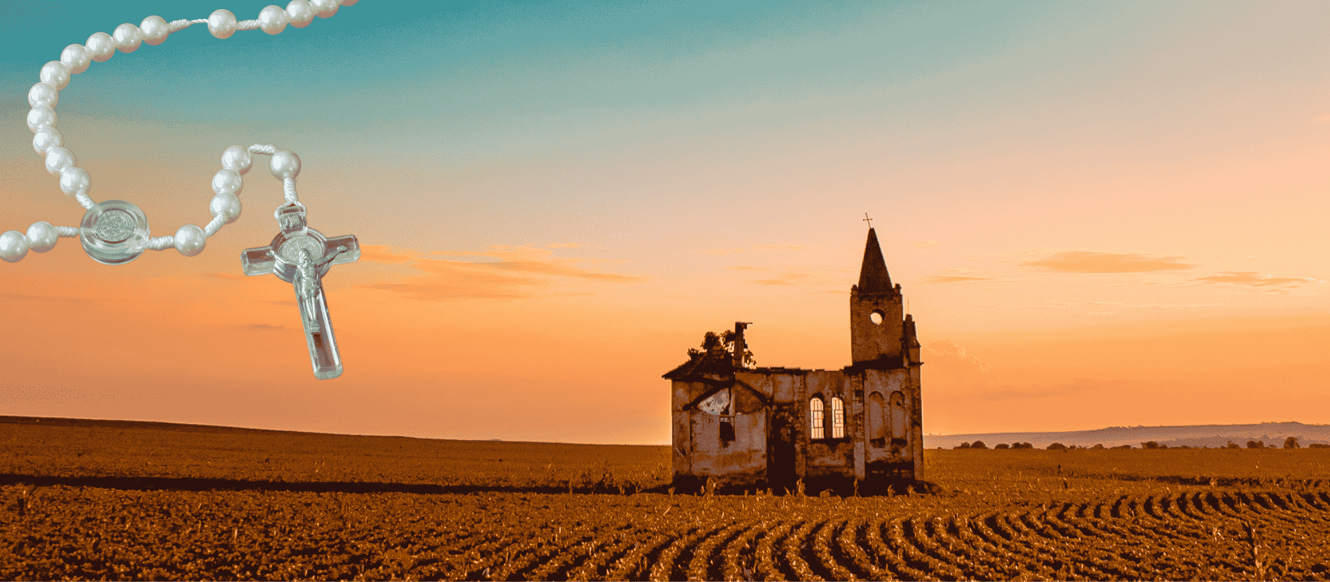 Kirche auf offenem Feld und Rosenkranz aus Perlen