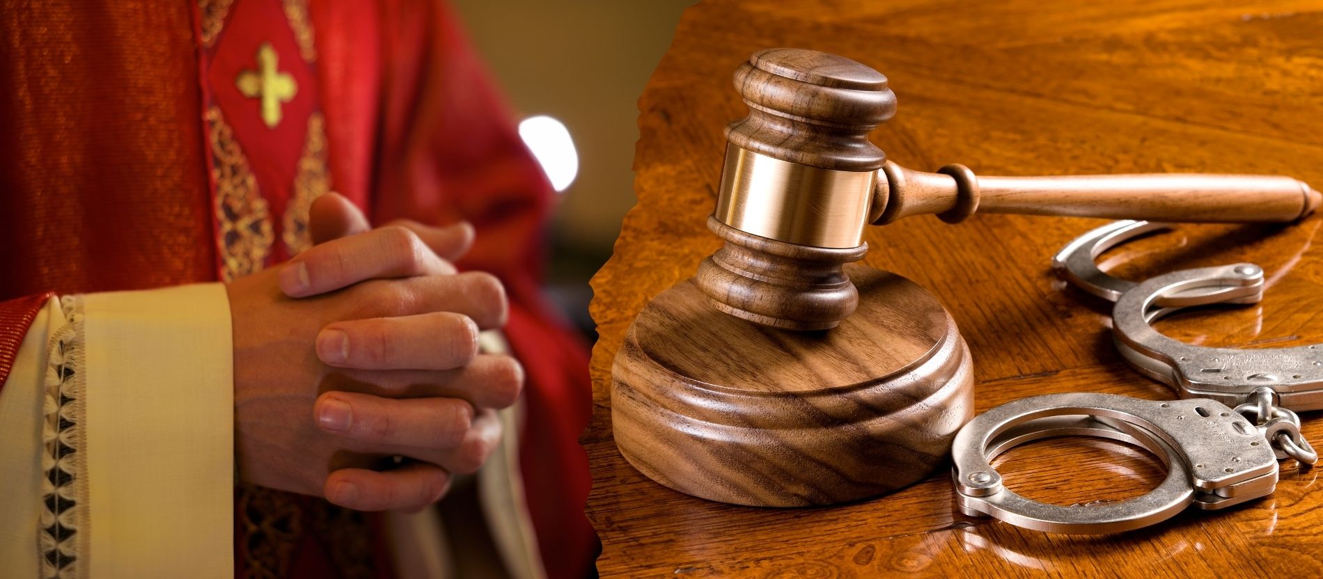 Montage von zwei Fotos eines Priesters und von Handschellen