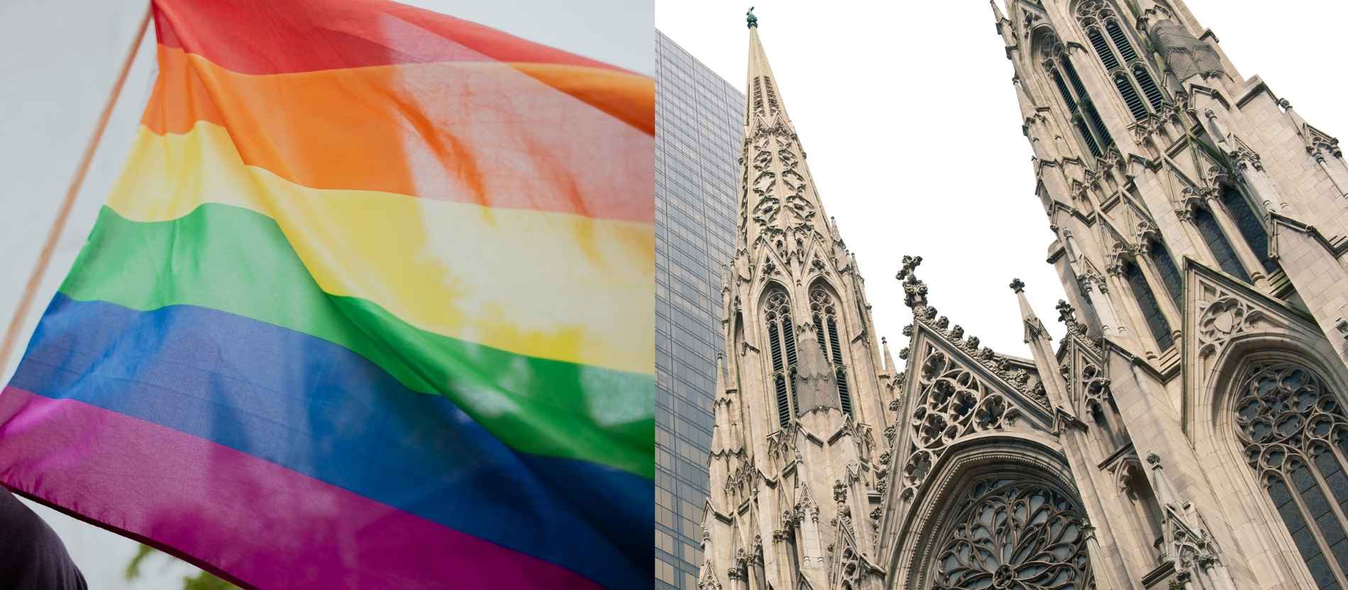 Eine Regenbogenfahne neben der Kathedrale von New York.