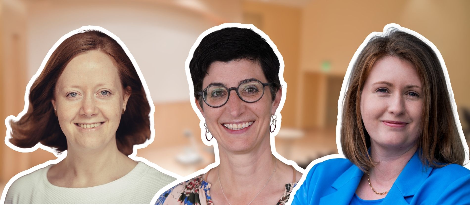 Die Theologinnen Philippa Haase, Ute Leimgruber und Judith König, im Hintergrund ein Hörsaal