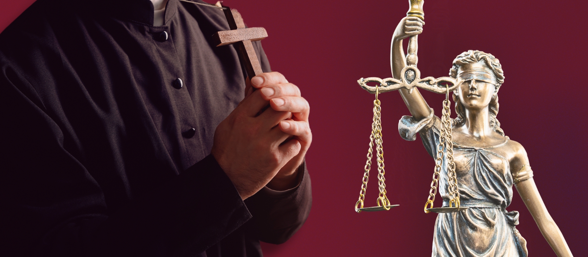 Priester mit gefalteten Händen und Justizia