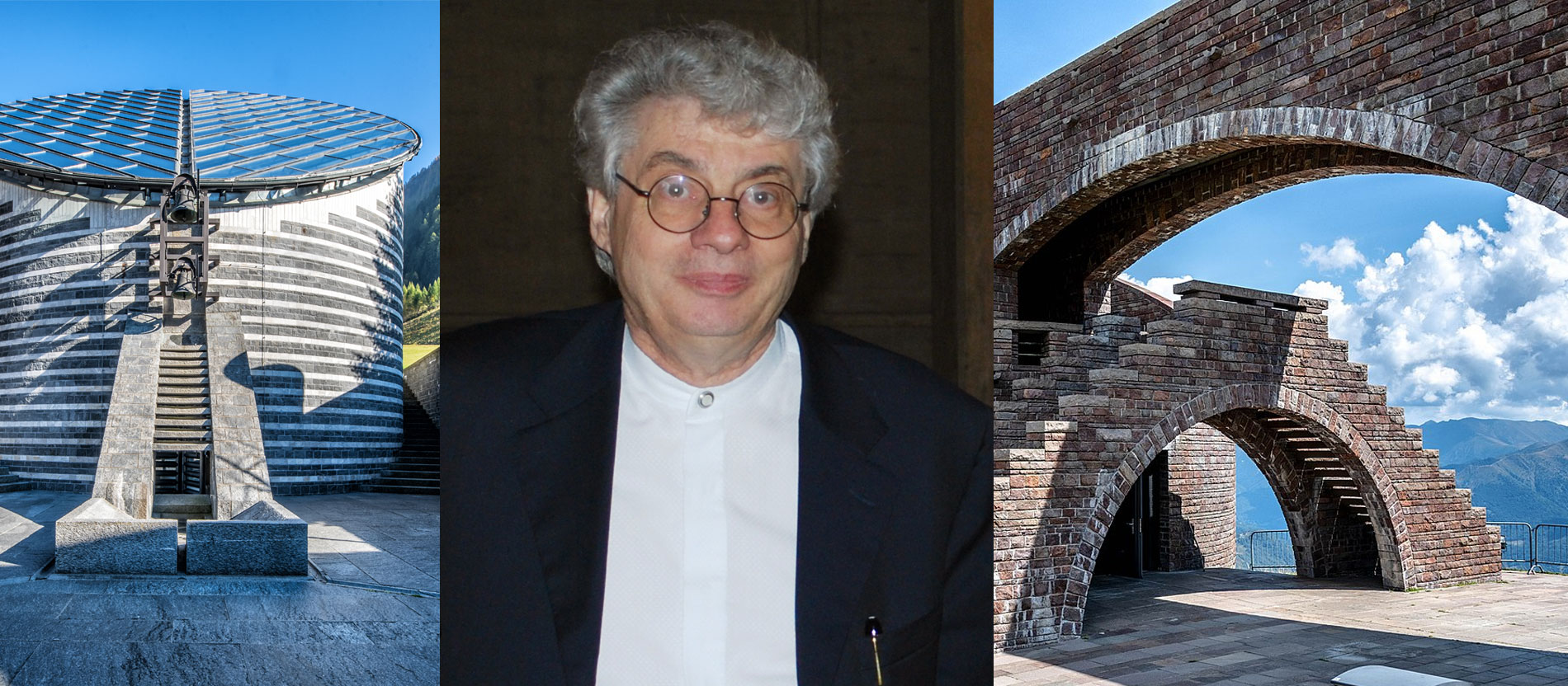 Der Schweizer Architekt Mario Botta zwischen zwei seiner Kirchenbauten