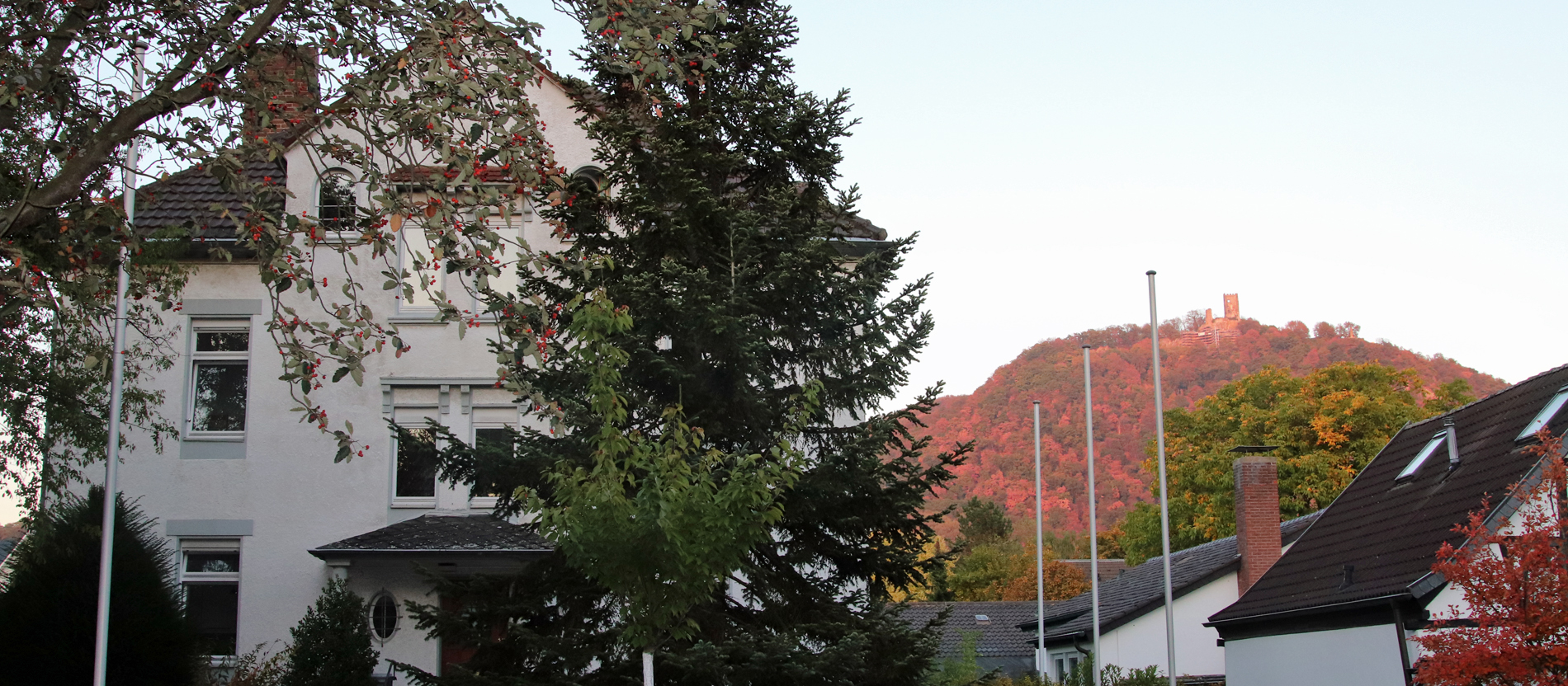 Seit 2012 gibt es in Bonn-Mehlem das Cusanushaus, das geistliche Studienhaus der bischöflichen Studienförderung Cusanuswerk. Im Hintergrund thront die Burgruine auf dem Drachenfels über dem herbstlichen Siebengebirge.