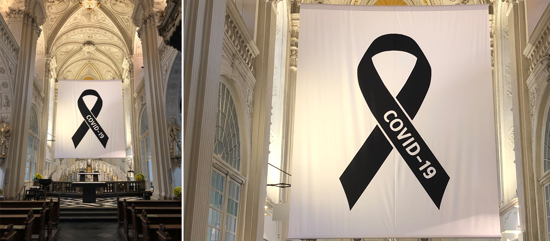 In der Düsseldorfer Dominikanerkirche hänght ein großes Banner mit einer schwarzen Trauerschleife als Ausdruck der Solidarität mit den Opfern der Corona-Pandemie und ihren Angehörigen.