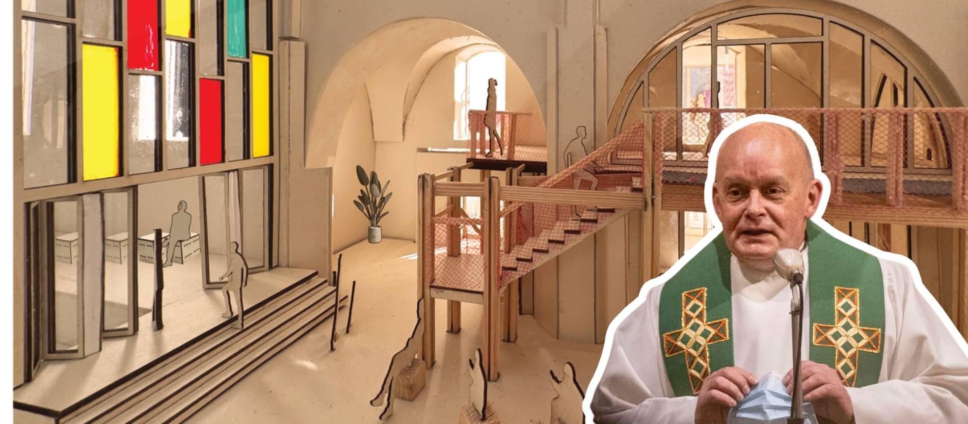 Montage aus Dekan Michael Neudert und dem Entwurf der Kirche, der ein begehbares Gerüst in der Kirche zeigt