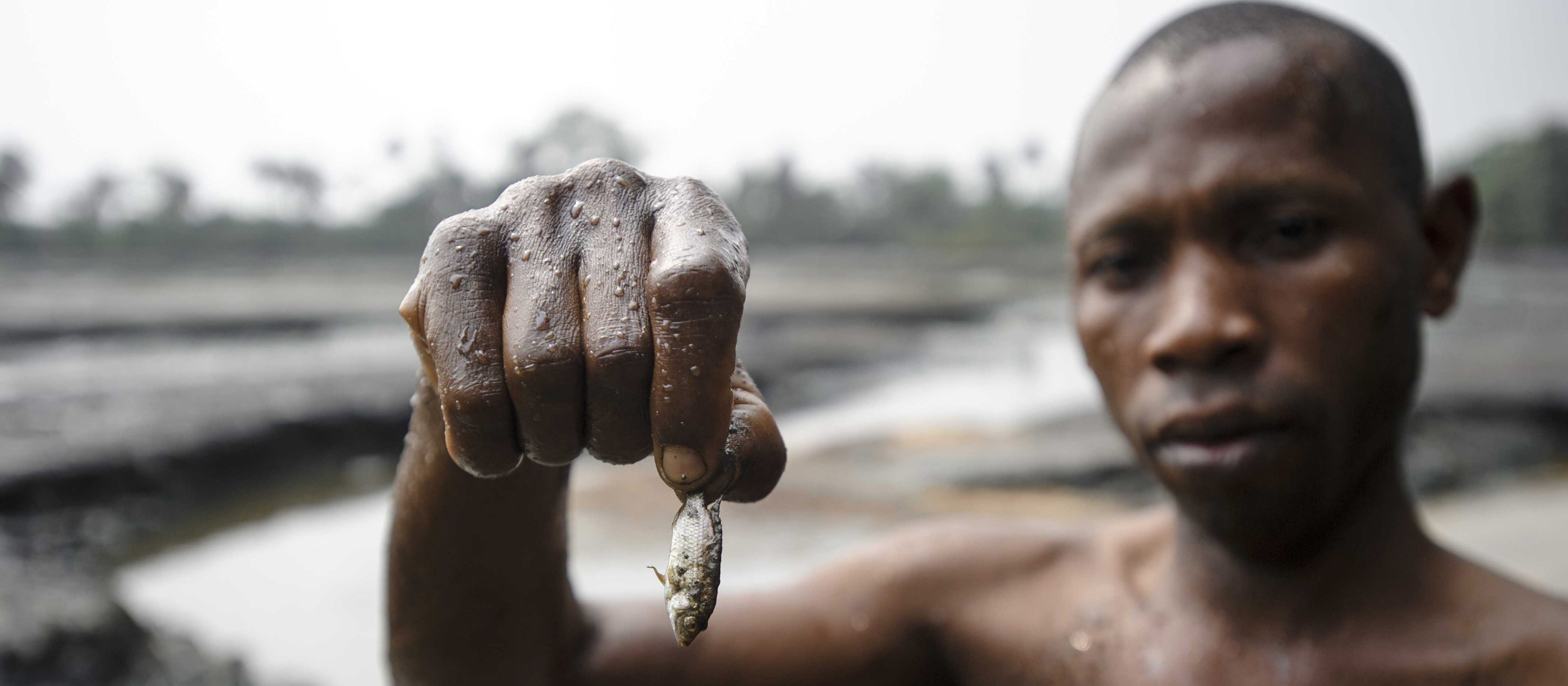 Ein Mann aus Nigeria hält einen toten Fisch in die Kamera.