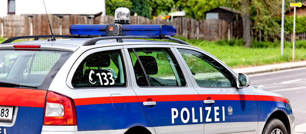 Ein Streifenwagen (grau mit blau und rot abgesetzt) steht auf einer Landstraße.