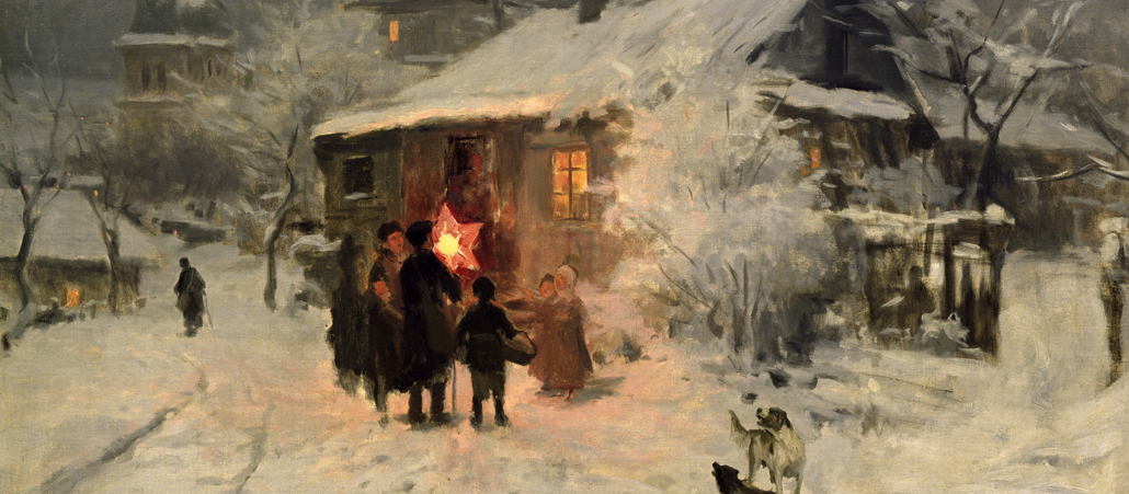Gemälde: In einem schneebedeckten Dorf scharen sich Kinder um einen Jugendlichen mit sternförmiger Laterne.