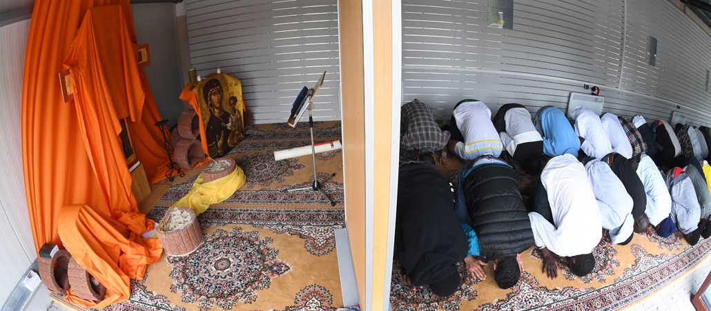 Muslimisches Freitag im interreligiösen Gebetsraum in der Landeserstaufnahmestelle in der Benjamin-Franklin-Village in Mannheim.