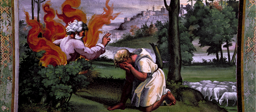 Moses unter dem brennenden Dornbusch auf einem Fresko von Raffael.