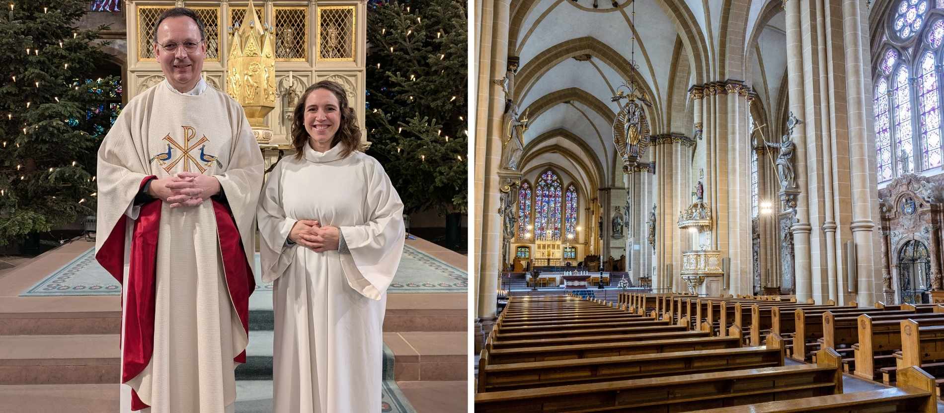 Links: Am 11. Januar führte Domdechant Gregor Tuszynski die Religionspädagogin Joana Drießen als erste Gemeindereferentin am Paderborner Dom ein. Rechts: Ein Blick durch das Kirchenschiff auf den Hochaltar im Paderborner Dom