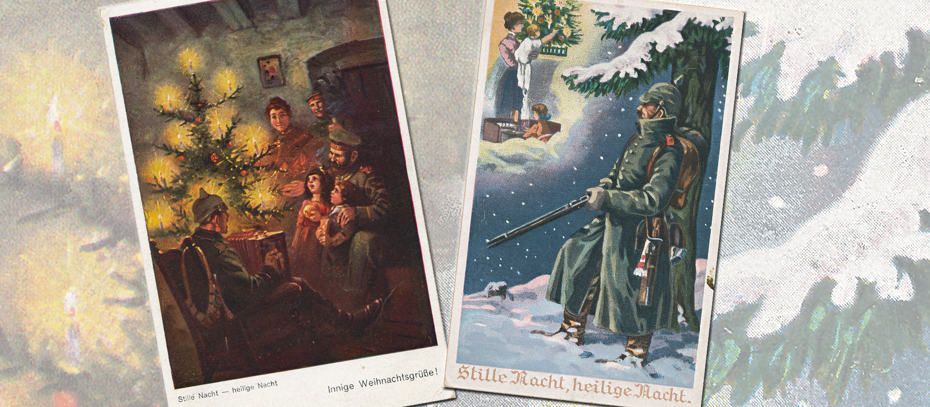 Zwei Postkarten mit Soldaten und Weihnachtsmotiven
