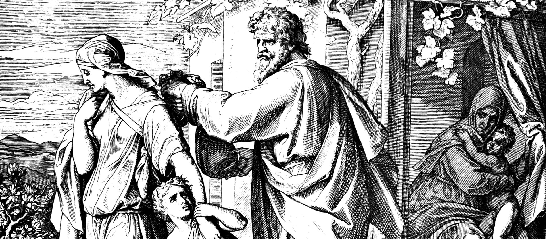 Abraham schickt Hagar und Ismael in die Wüste. Sara und Isaak sehen im Hintergrund zu.