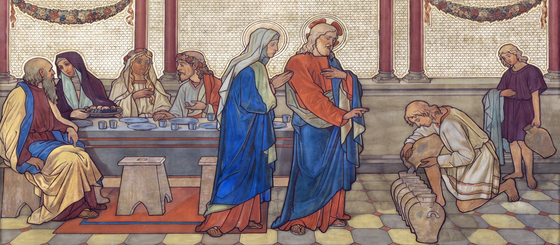 Jesus lässt Wasser in Weinkrüge füllen - und es wird Wein draus.