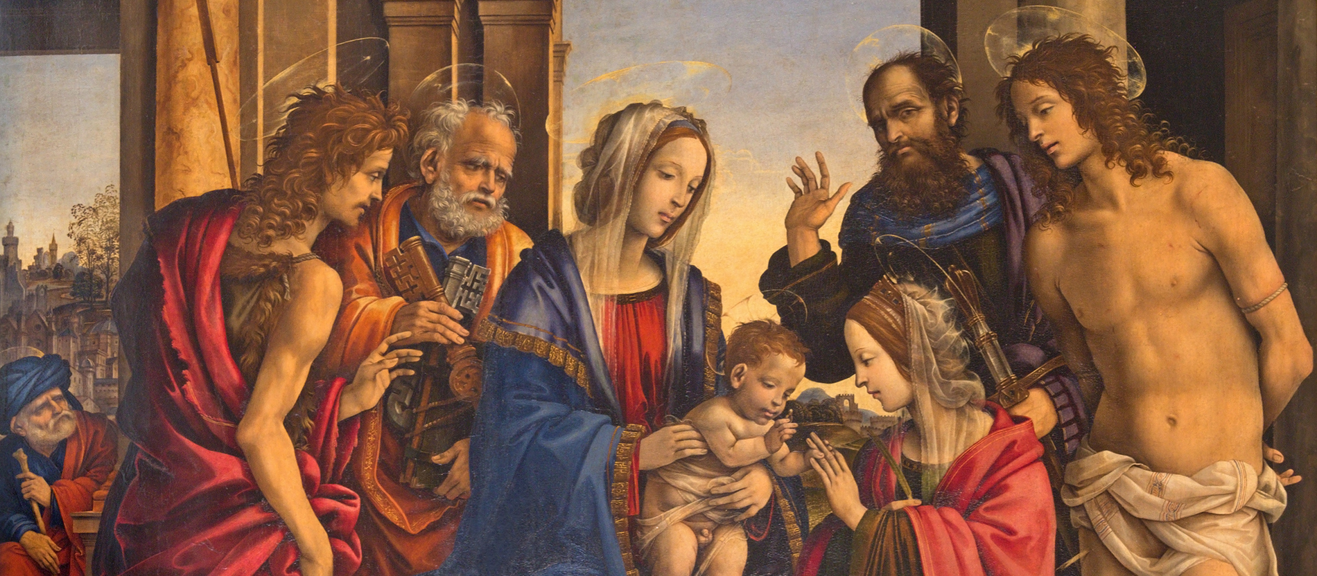 Madonna mit dem Kind und Katharina von Alexandrien mit einer Gruppe von Heiligen auf einem Gemälde von Filippino Lippi. Der heilige Sebastian war neben Jesus der einzige Mann, den man fast unbekleidet darstellen konnte.