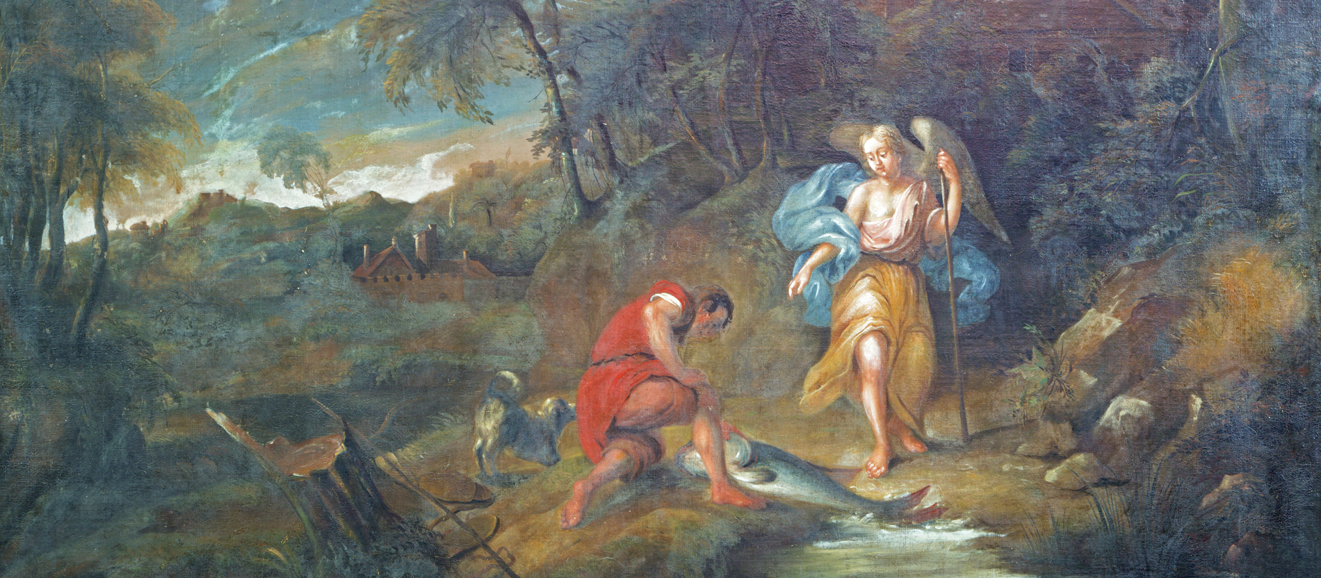 Der junge Tobias zieht einen Fisch aus dem Wasser während ihm der Erzengel Raphael zusieht.