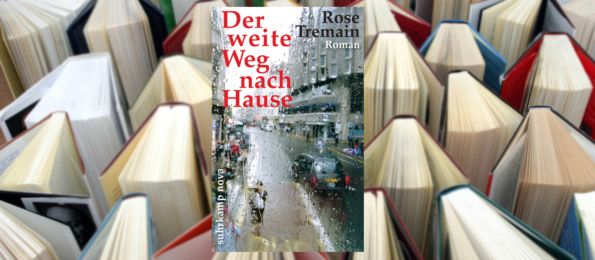 Buchcover vor dem Hintergrund aufgeschlagener Bücher