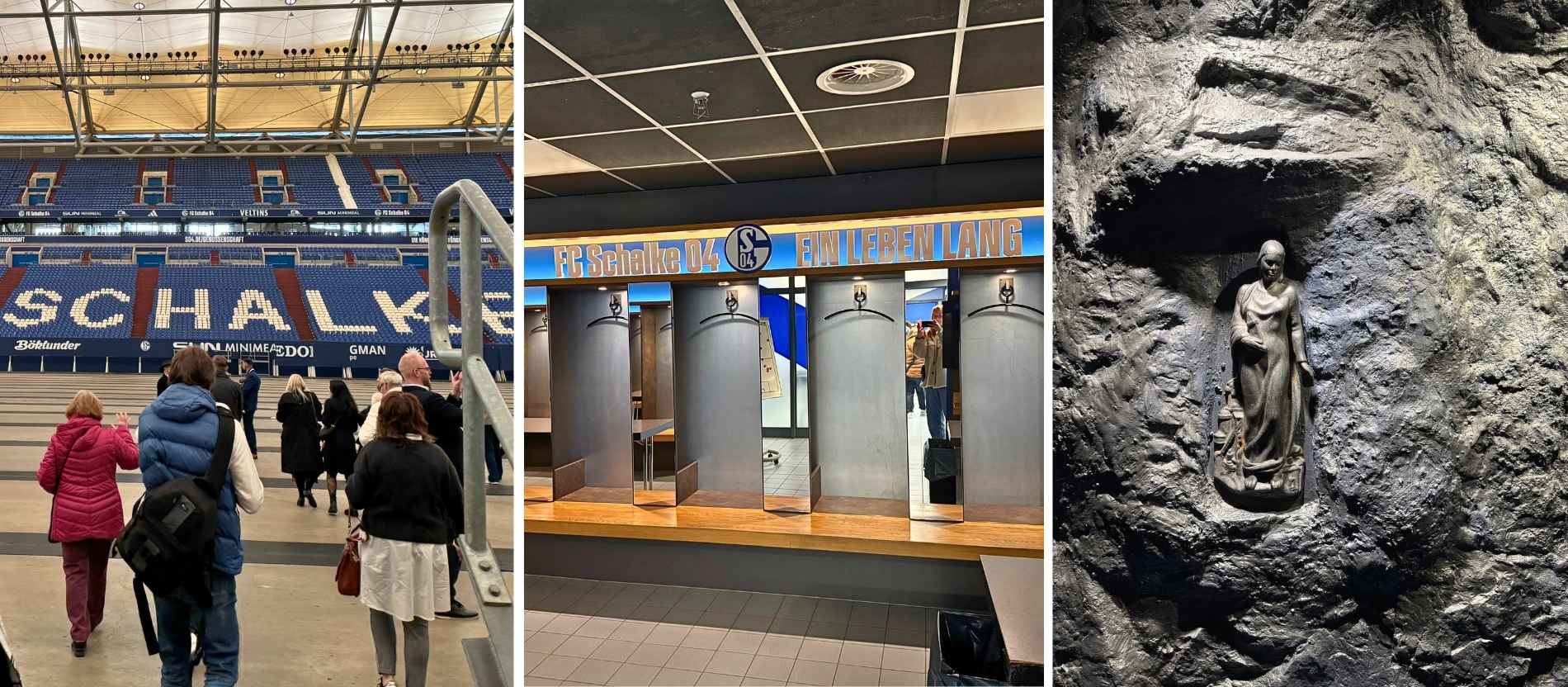 Im Anschluss an eine Taufe findet immer auch eine kurze Stadionführung statt: Ein Blick in die Halle (l.), in die Spielerkabinen (m.) und in den Spielertunnel mit der Heiligen Barbara (r.)