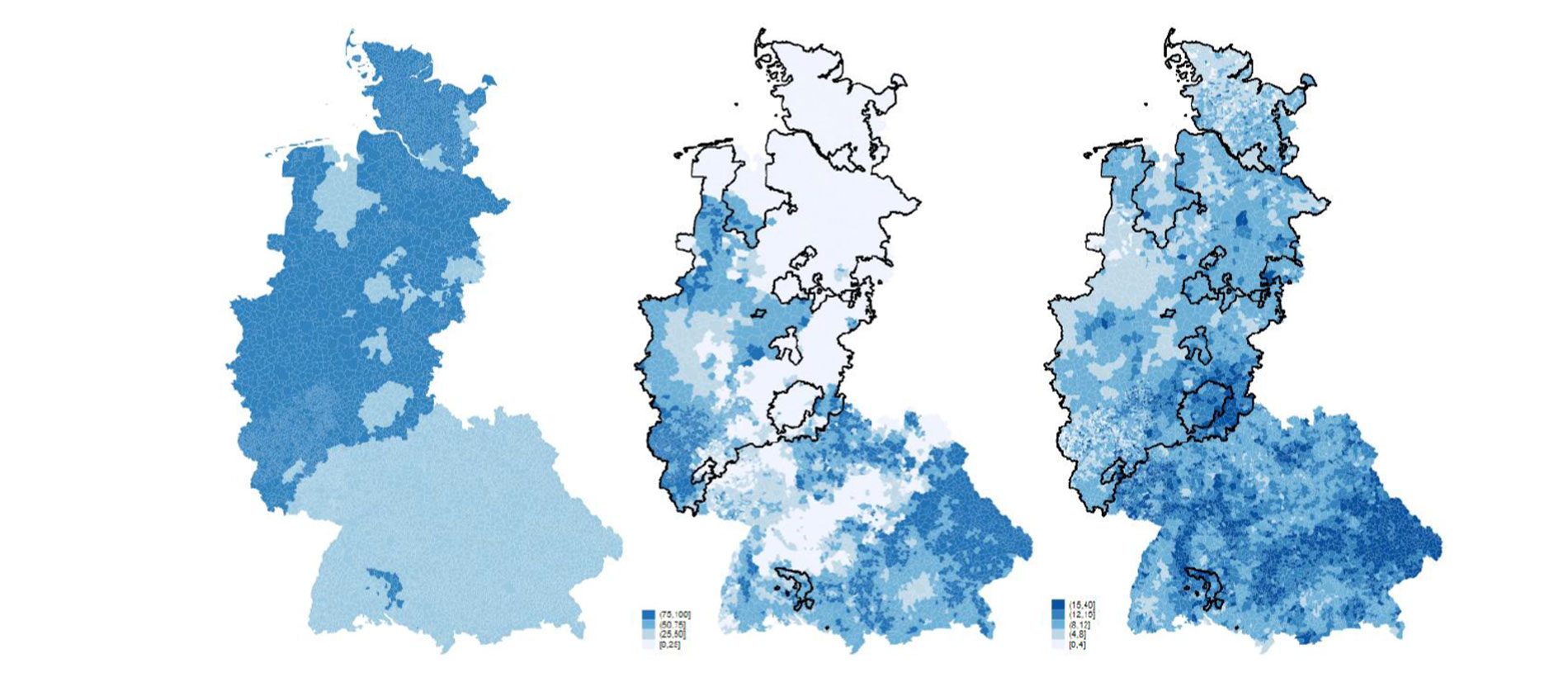 Links die preußischen Grenzen von 1866, in der Mitte der Katholikenanteil in der Bevölkverung im Jahr 2011, rechts die AfD-Wähleranteile 2017.
