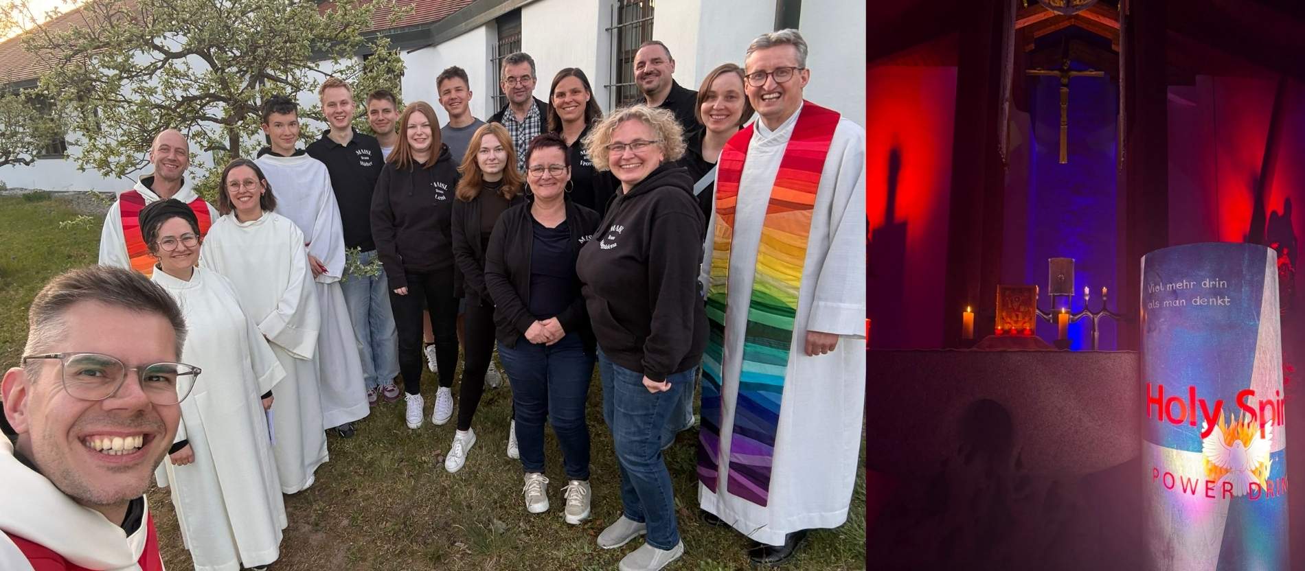 Pfarrer Josef Hausner mit seinem Team und ein Nachbau einer Energy-Dose vor dem Altar