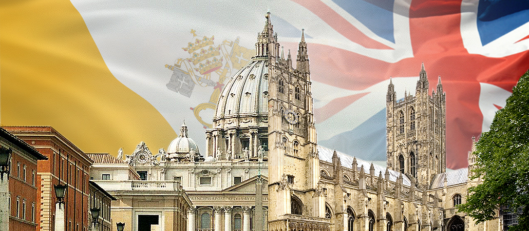 Eine Fotomontage: Der Petersdom und die Kathedrale von Canterbury verschmelzen zu einem Gebäude - im Hintergrund sind die Flagges Großbritanniens und des Vatikans zu sehen.