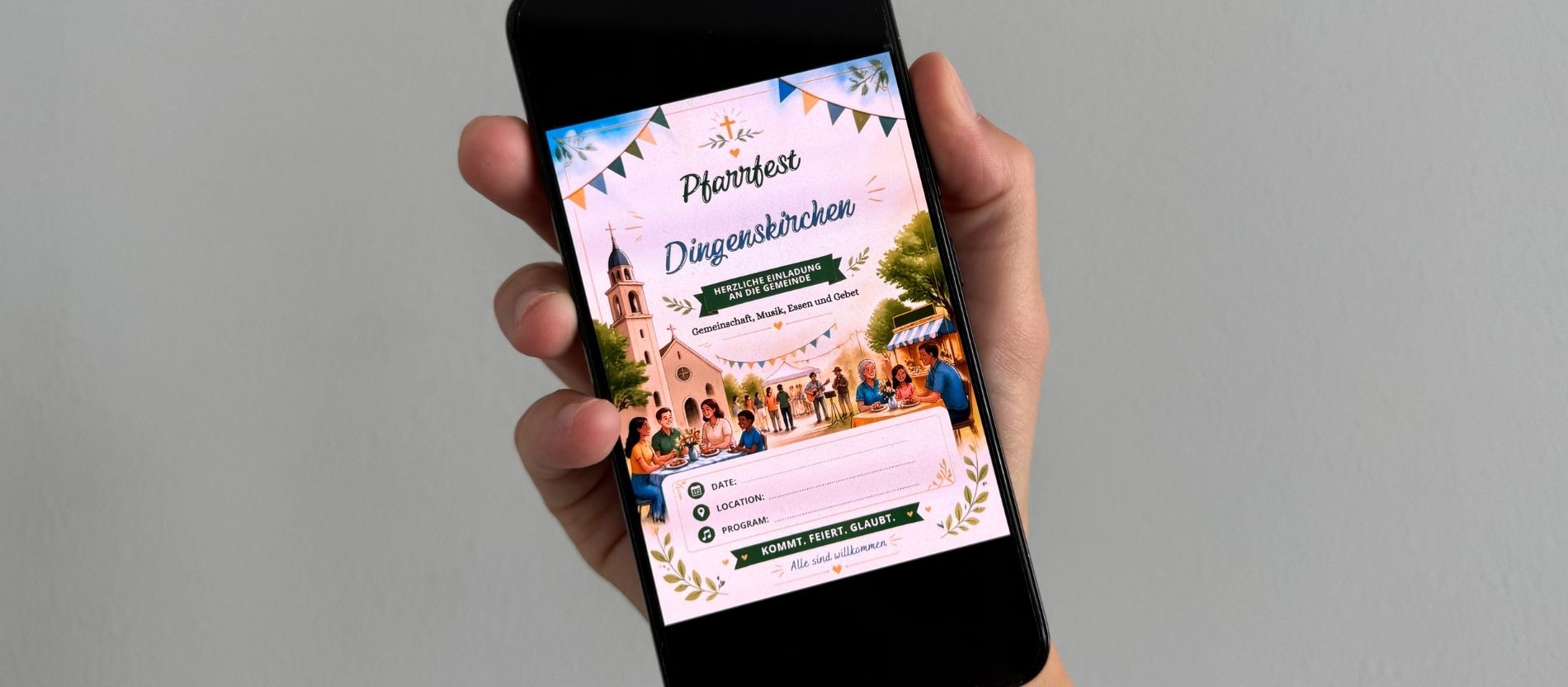 Das Plakat für ein fiktives Pfarrfest wird auf einem Handy angezeigt. 