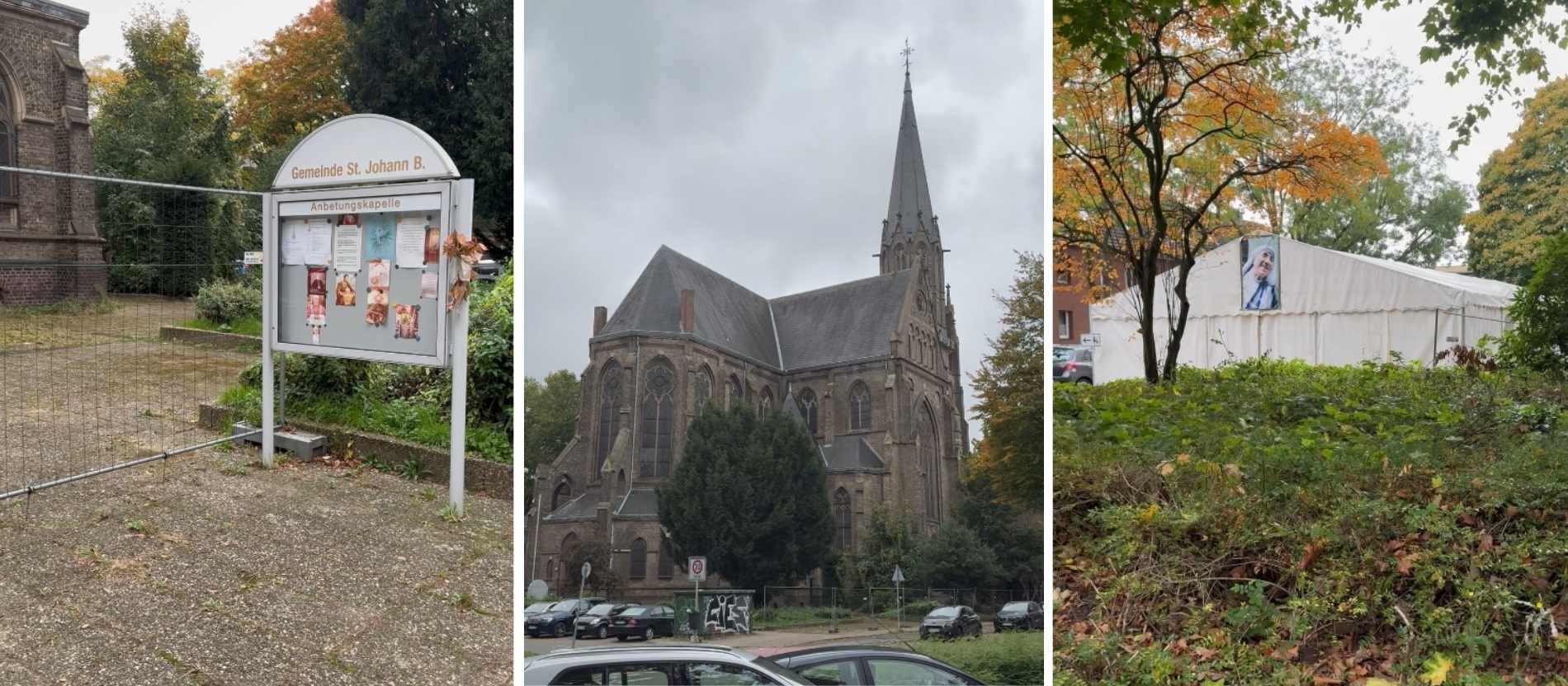 Die Kirche ist von einem Bauzaun umgeben, vor dem Haupteingang steht noch das Zelt, in dem zwei Jahre lang Gottesdienst gefeiert wurde.