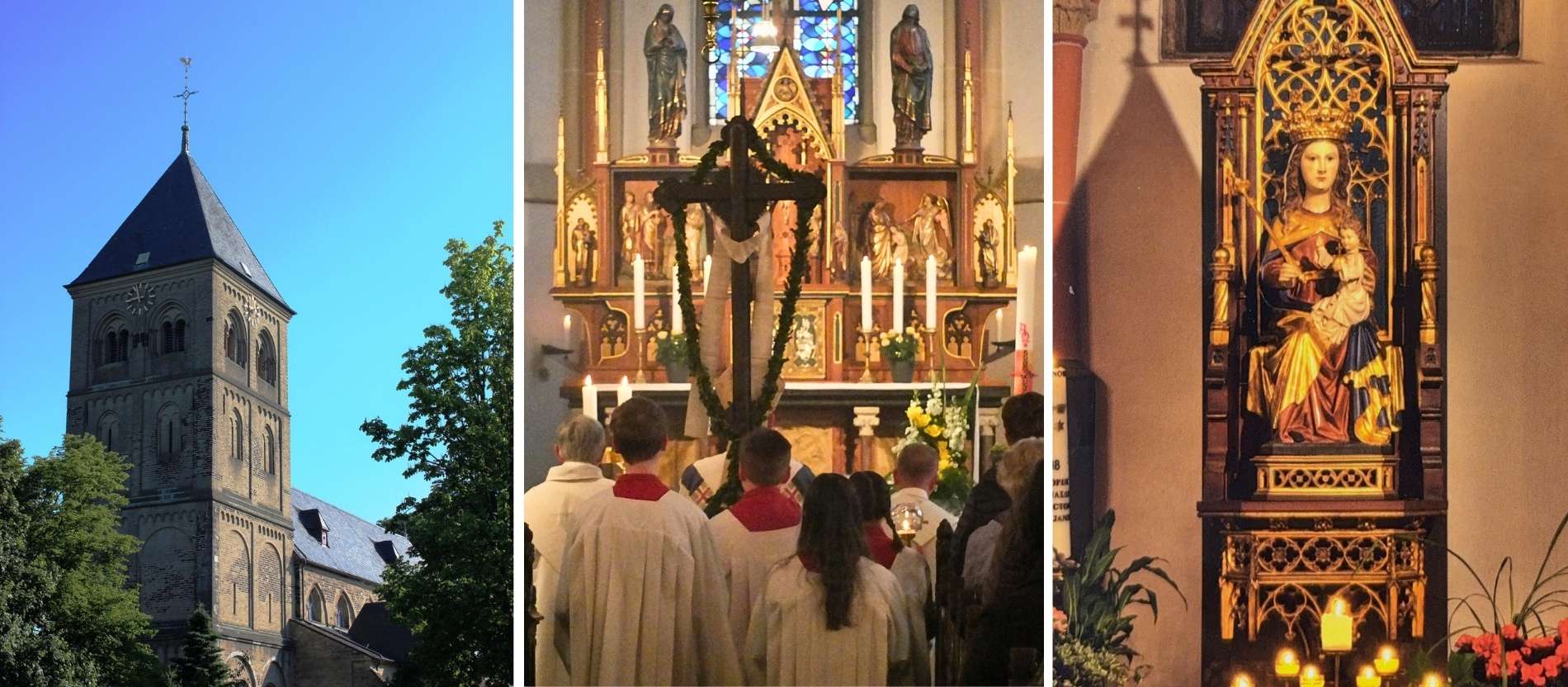 Die Kirche St. Mariä Himmelfahrt (l.), Gottesdienst in der Wallfahrtskirche (m.), die gotische Sitzmadonna (r.)