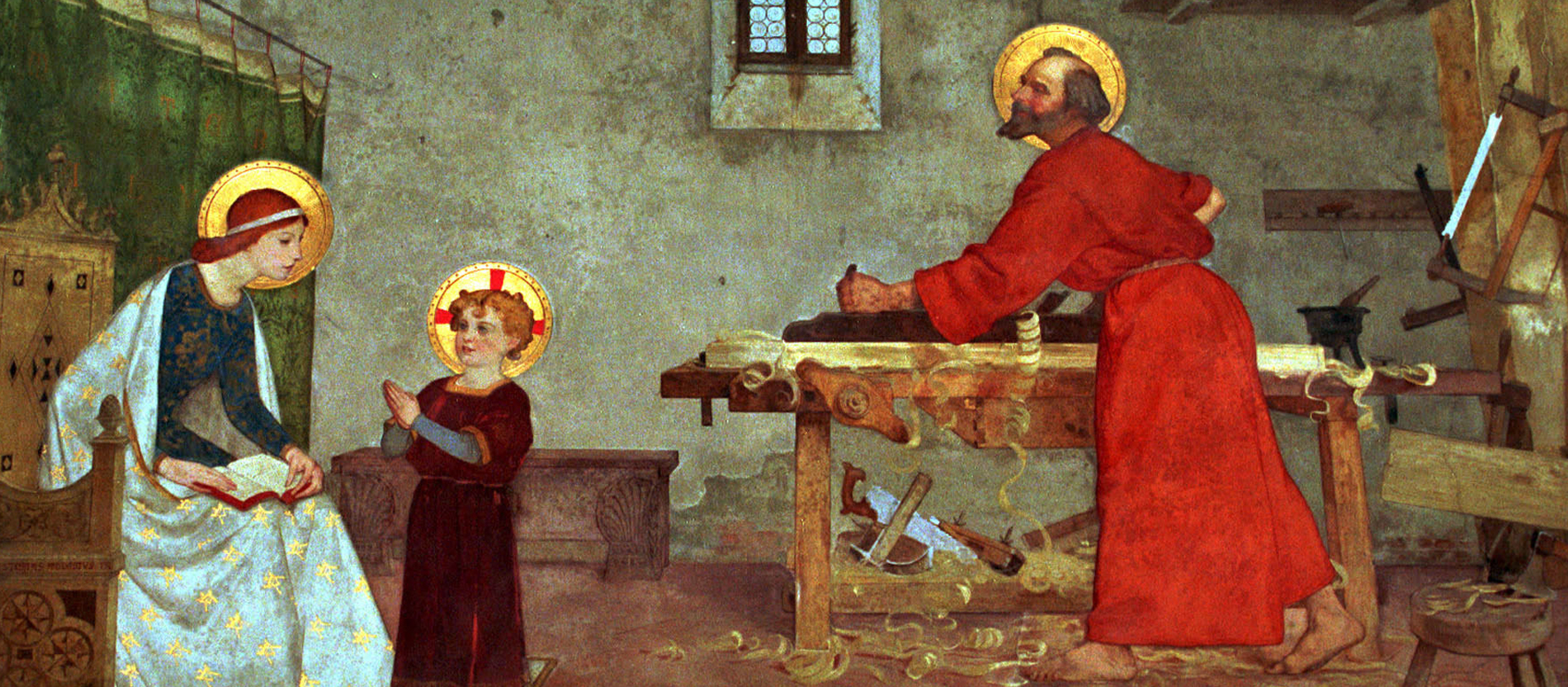 Gemälde mit Josef am Schreinertisch, Maria und Jesus gucken zu