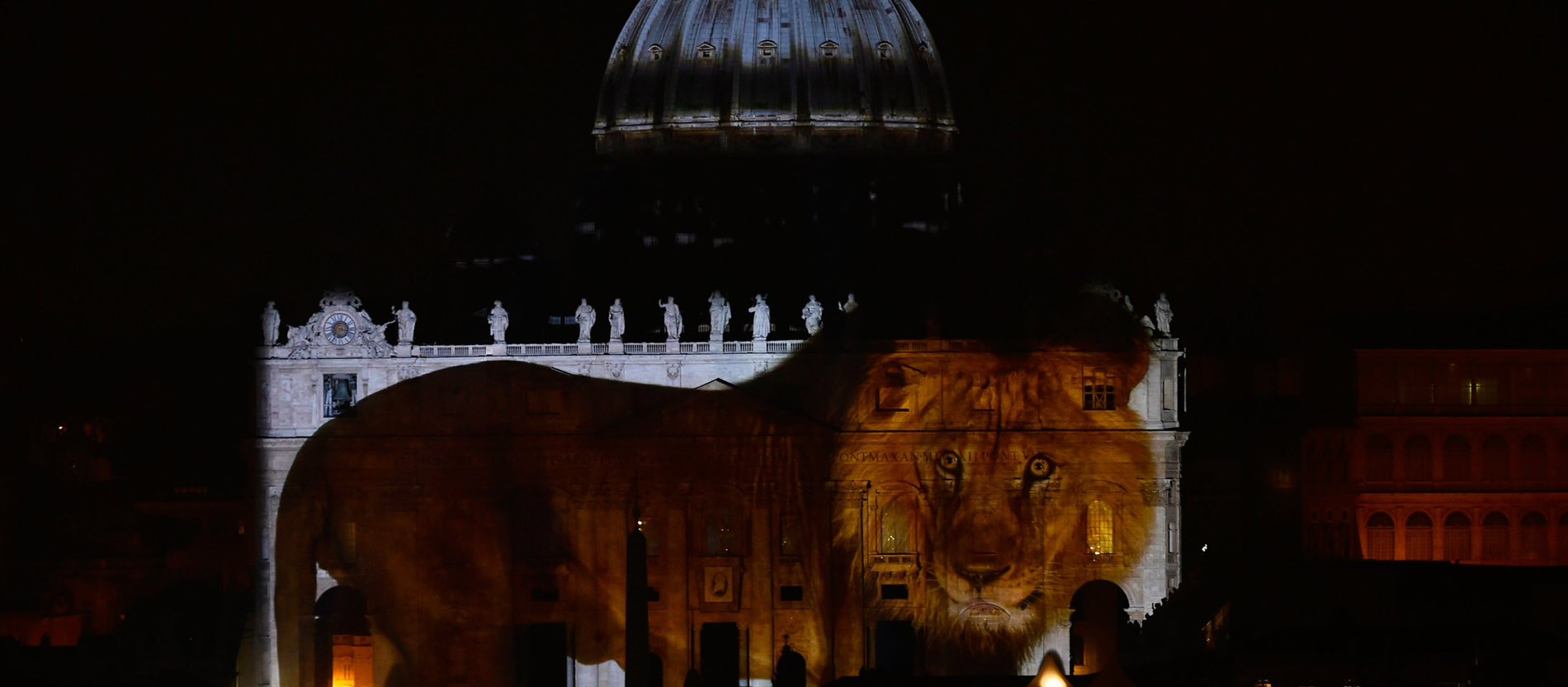Eine Lichtinstallation zeigt einen Löwen auf der Fassade des Petersdoms.