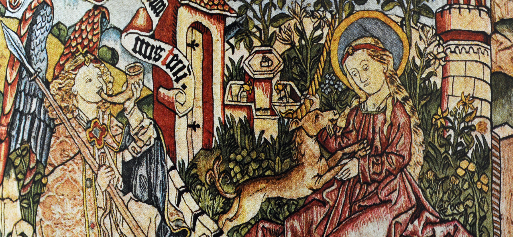 Eine Darstellung von Maria Verkündigung mit einem Einhorn auf einem Marienteppich um 1500