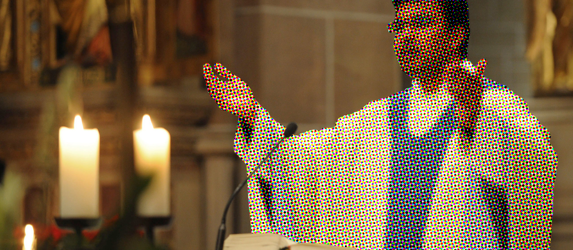 Collage eines Priesters, der die Messe hält.