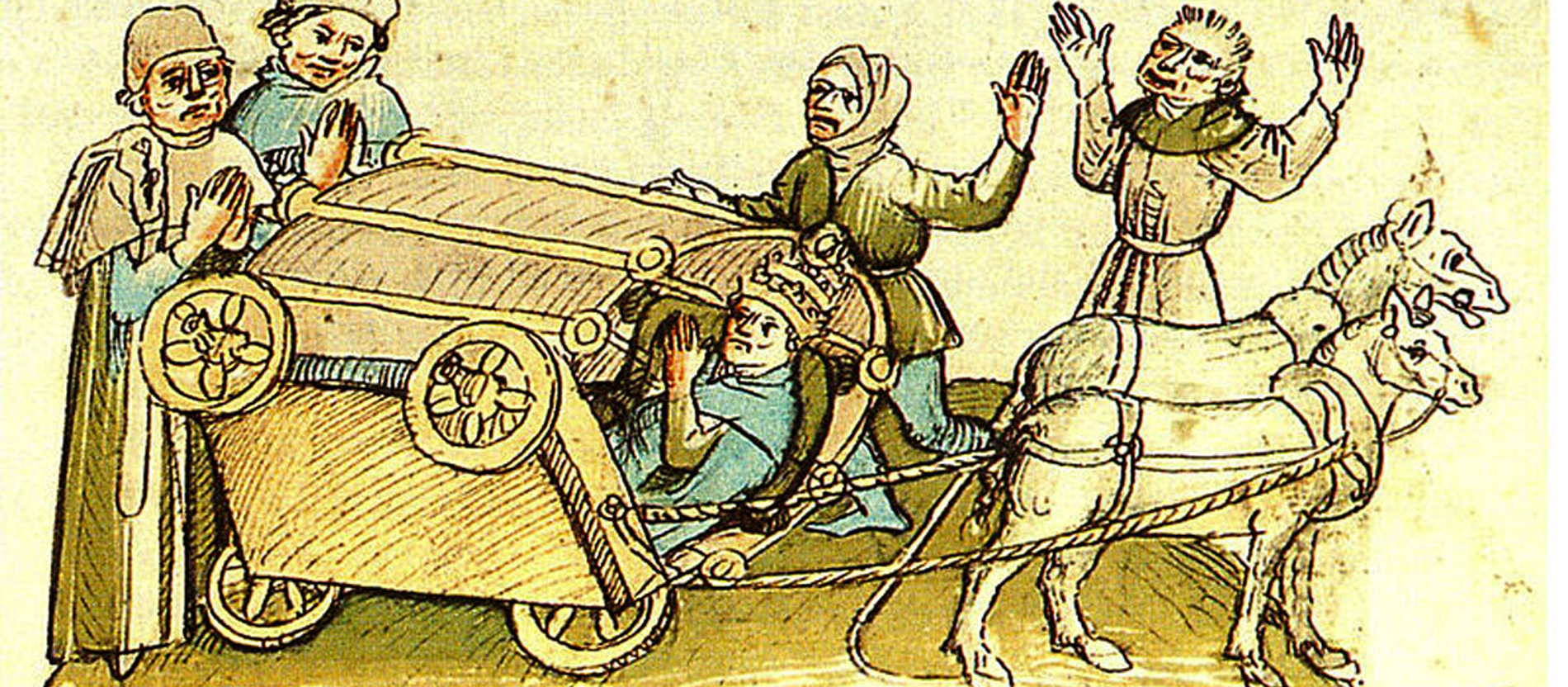 Zeichnung von Papst Johannes Paul XXIII. bei einem Sturz mit der Kutsche