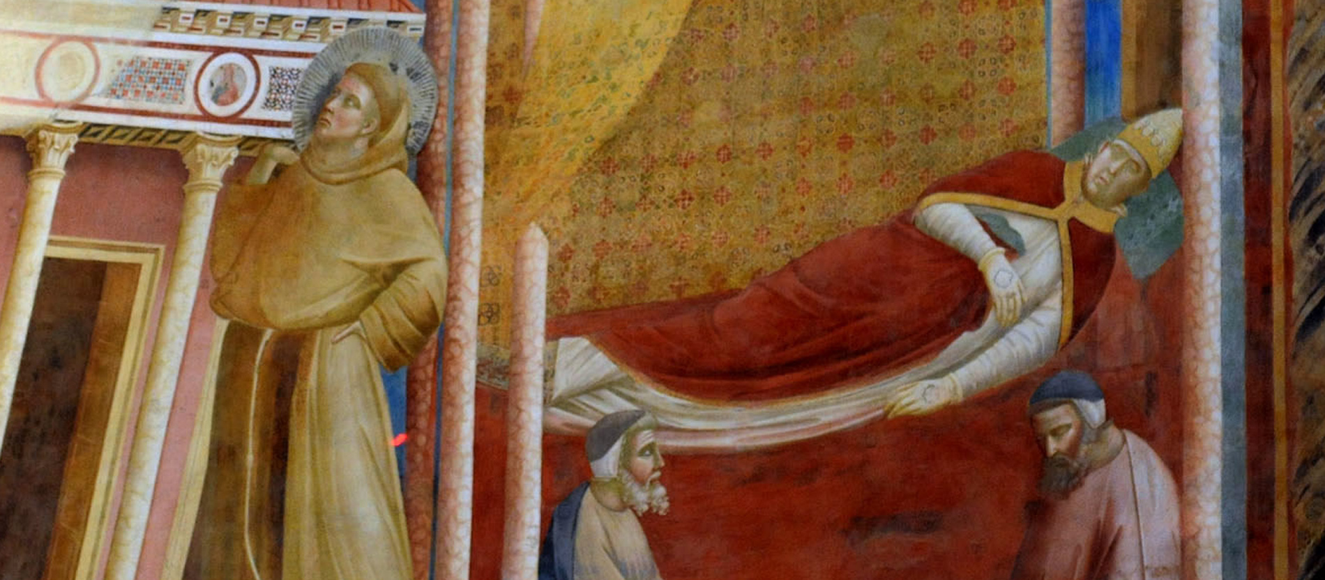 Ein gemaltes Bild zeigt einen schlafenden Papst und einen Mönch, der ein Haus stützt.