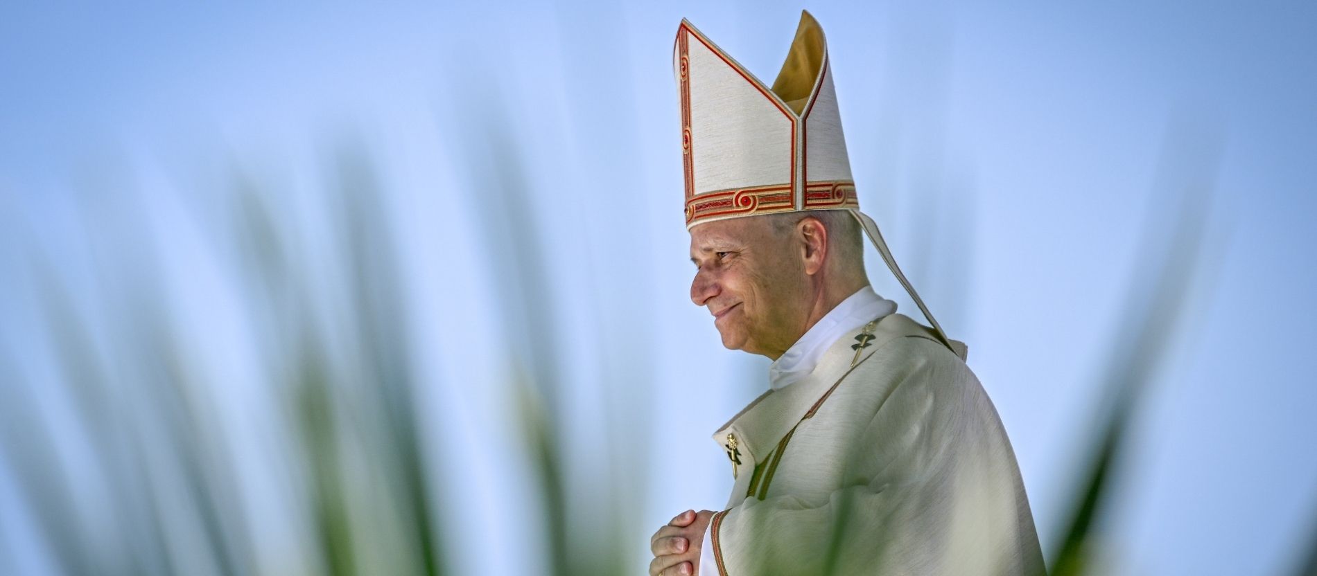 Papst Leo XIV. trägt eine Mitra bei einem Gottesdienst, im Vordergrund Pflanzen