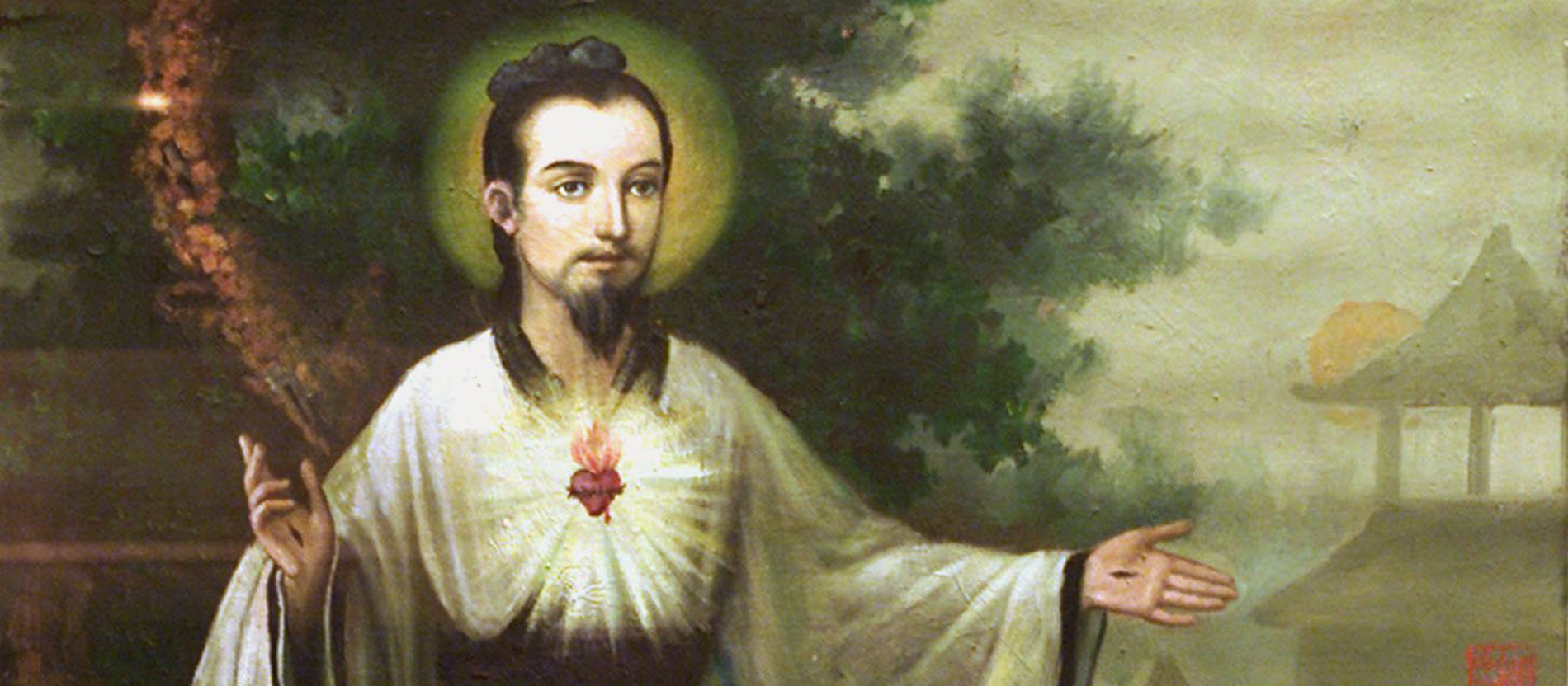 Ein Gemälde mit Jesus in traditionellem chinesischen Outfit (Geand und Frisur mit Zopf) und mit einem flammenden Herz. 
