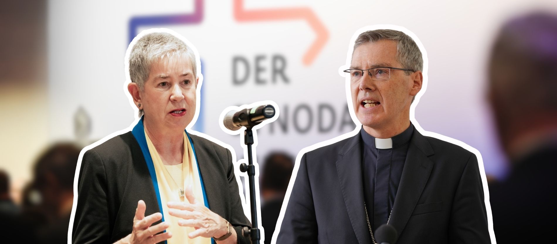 Bilder von Irme Stetter-Karp und Bischof Heiner Wilmer vor dem Hintergrund des Synodalen Wegs